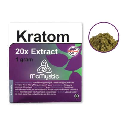 Kratom 20x 1 Gramm Vorderansicht + Inhalt McMystic