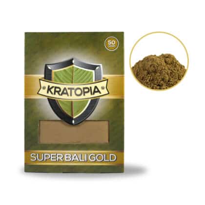 Super Bali Gold Kratom Vorderansicht + Inhalt Kratopia