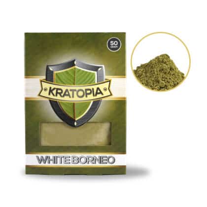 White Borneo Kratom Vorderansicht + Inhalt Kratopia