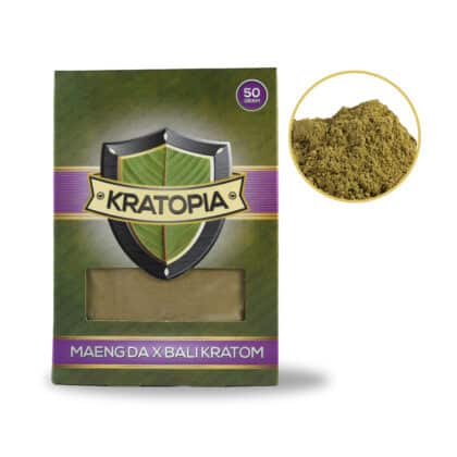 Maeng Da x Bali Kratom vista frontal + conteúdo Kratopia